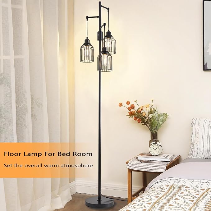 Dimmable Industrial Floor Lamp with 3 Cage Heads, 68.5" Black Tree Standing Lamp with Stepless Dimming, Modern Farmhouse Tall Pole Light for Living Room, Bedroom, Office, E26 Base (Bulbs Included)