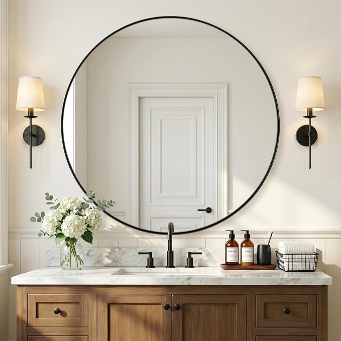 ANDY STAR Round Black Mirror for Bathroom, 40" Large Bathroom Mirrors for Over Sink, Anti-Rust Modern Wall Mirror,1 Inch Deep Set Design, Heavy Duty, 4MM HD Glass, 9MM Thicker Backboard