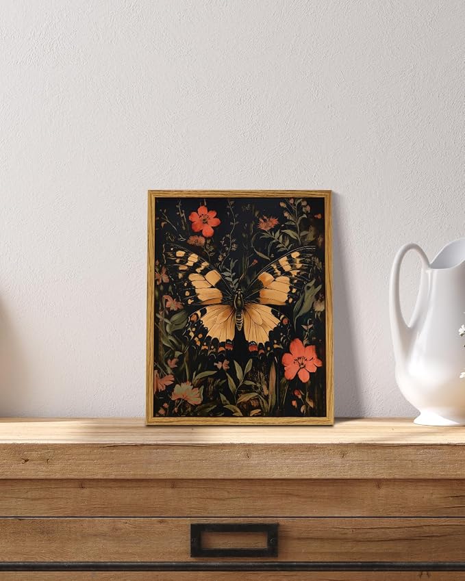 InSimSea Vintage Butterfly Canvas Framed Wall Art, Painted Canvas Art, Insect Themed Wall Art, Nature Themed Decor for Living Room, Bedroom, Bathroom, Kitchen, 8x10in