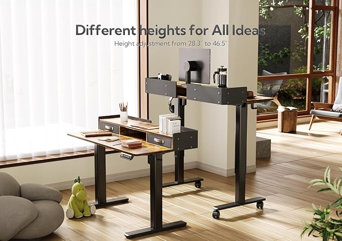 Claiks Standing Desk with Drawers, Adjustable Stand Up Electric Small Standing Desk Adjustable Height with Storage Shelf and Splice Board, 40 Inch, Rustic Brown