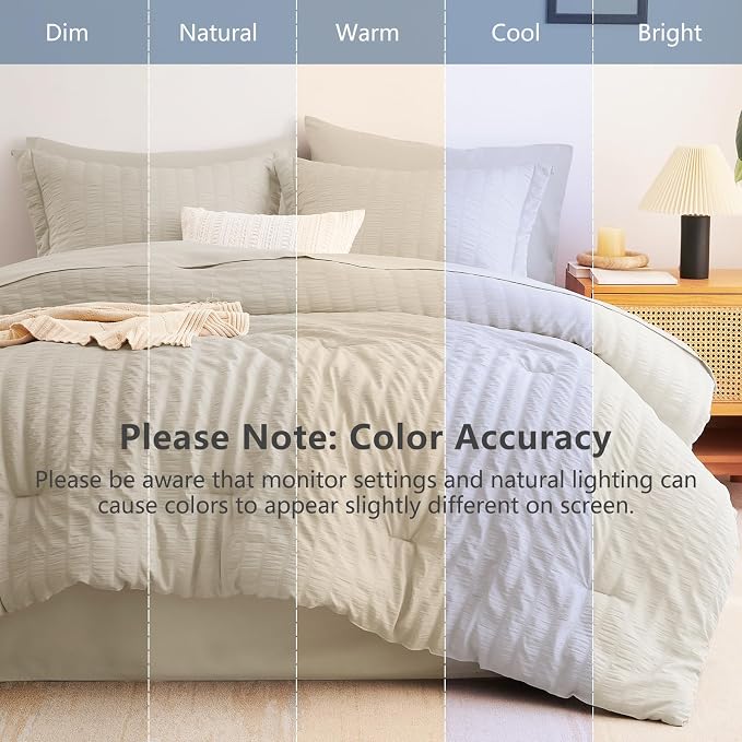 CozyLux Queen Comforter Set Oatmeal, 7 Pieces Seersucker Textured Luxury Bed in a Bag Queen, All Seasons Soft Bedding Sets with Down Alternative Comforter, Sheets, Pillowcases & Shams, Home Gift