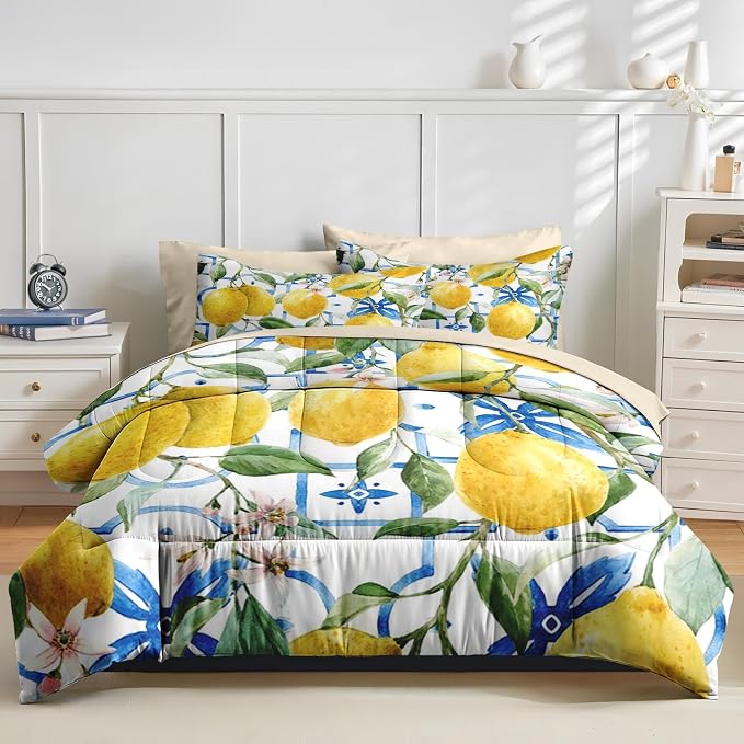 Nesker 5 Pcs Comforter Set Twin Size, Lemons Blue Italian Bedding Set for Kids and Adults, Natural Flower Summer Bed Sheet Sets with Fitted Sheet Pillowcases & Shams