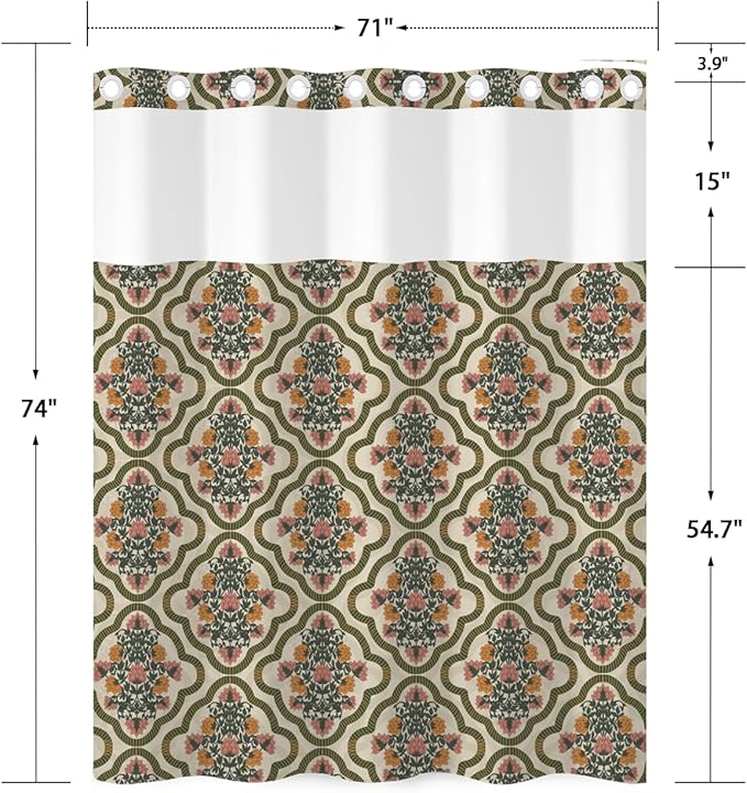 No Hook Shower Curtain and Snap in Liner Set - Vintage Floral Damask Pattern Shower Curtains for Modern Farmhouse & Traditional Bathroom, Mesh Top Waterproof Bath Tub Curtain, 71Wx74H