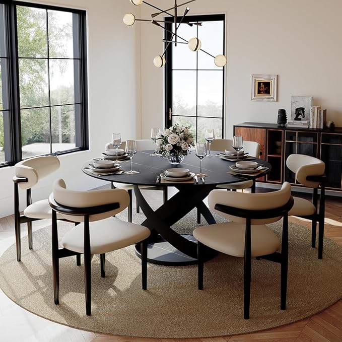 POVISON 60" Round Dining Table for 6, Modern Dining Room Table with Lazy Susan, Matte Black Sintered Stone Dining Tabletop with X-Shape Carbon Steel Base (Table Only)
