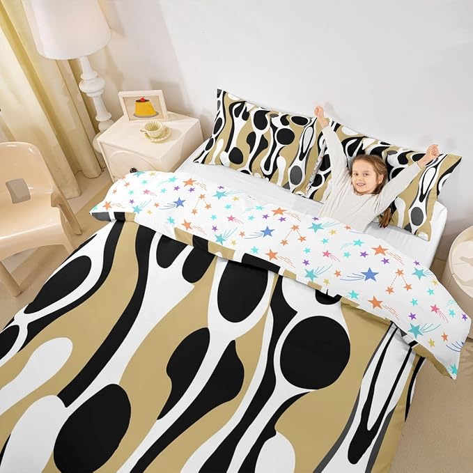 Erosebridal Organic Geometric Duvet Cover Set Modern Abstract Full Size Bedding Sets for Teen Boys Retro Mid Century Comforter Cover Modern Fluid Art Irregular Circles Bed Set,Beige Black