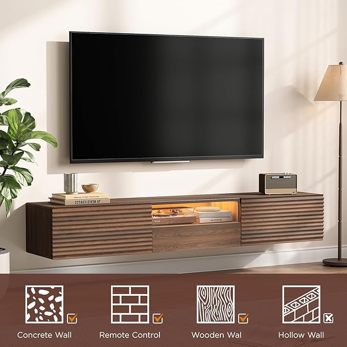 Maupvit 63" Floating TV Stand for TVs up to 75", Fluted Entertainment Center with Remote Control for LED Lights, Wall Mounted Shelf, Mid-Century Modern TV Console w/Glass Door for Living Room (Walnut)