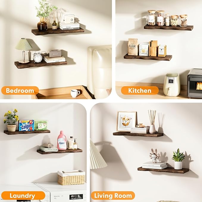 Solid Wood Live Edge Floating Shelves Set of 2 – 24" Rustic Wall Shelf with Hidden Bracket System, Wall Mounted Shelves for Bathroom, Kitchen, Living Room, Bedroom (Charcoal Brown)