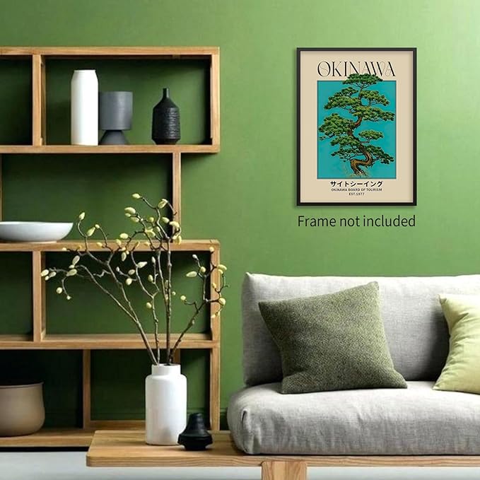 enttgo Japanese Canvas Wall Art Okinawa Prints Retro Japanese Bonsai Tree Picture Modern Ukiyo-e Decor Poster for Home Bedroom Decorations Artwork 12x16in Unframed