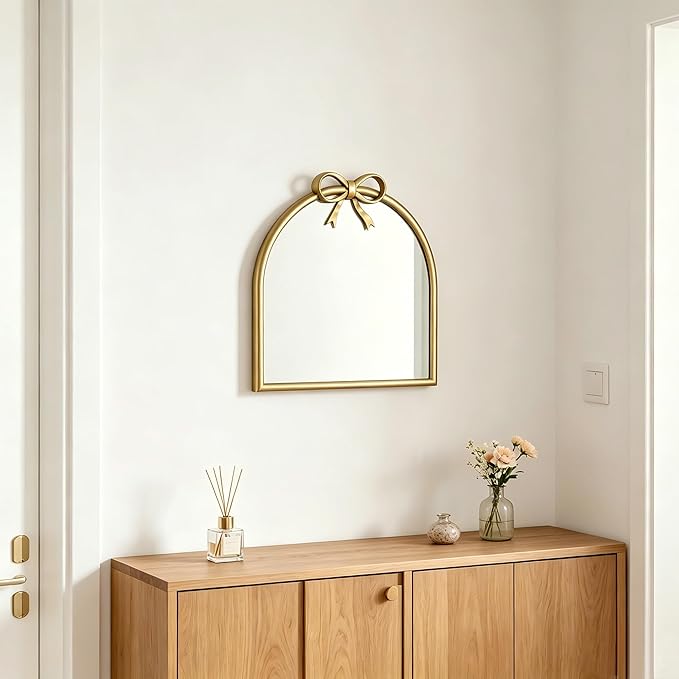 9.8-inch x 9.8-inch Arched Plastic wall Mirror with Bow at top, Modern Decorative Mirror, Small Arched wall Mirror Suitable for entryways and hallways (Gold, 9.8x9.8 inch)