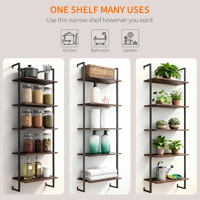 5 Tier Wall Mounted Bookshelf, 15.74" D x 9.44" W x 62.99" H, Narrow Ladder Bookcase with Metal Frame for Home Office, Living Room, Study, Industrial, Brown