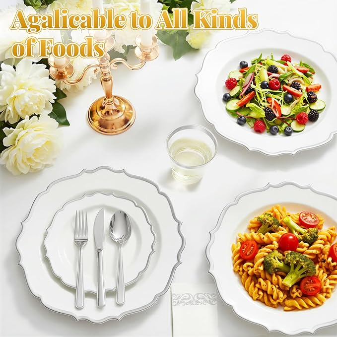 175 Plastic Dinnerware Set,Silver Disposable Dinnerware Set for 25 Guests Include 50 Plastic Plates,25 Silverware Set,25 Cups and 25 Napkins for Christmas,Party,Wedding,Thanksgiving