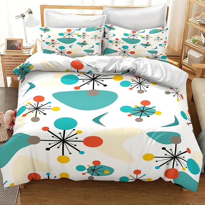 Mid Century Bedding Set,1950s 1960s Vintage Atomic Abstract Green Geometric Pattern Comforter Set with Pillowcase for Bedroom Bed Decor,King 102"x90"