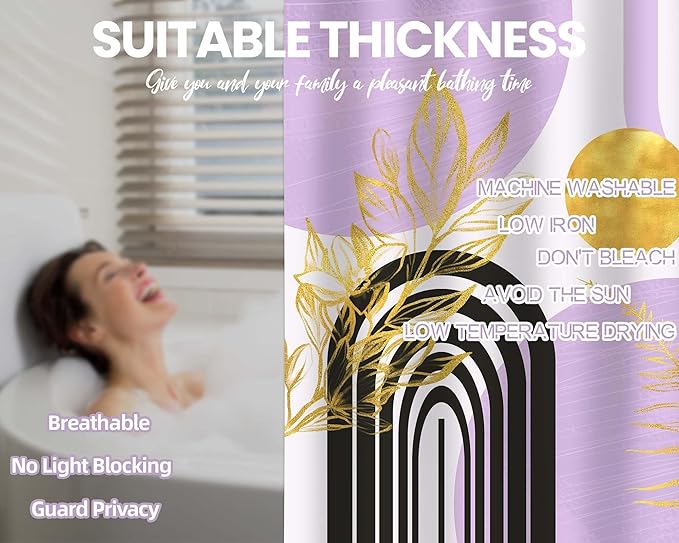 Mid Century Modern Black and Purple Shower Curtain Boho Lavender Light Purple and Gold Shower Curtains for Girls Bathroom Decor Sets, Waterproof Cloth Fabric with Hooks, 70x96in