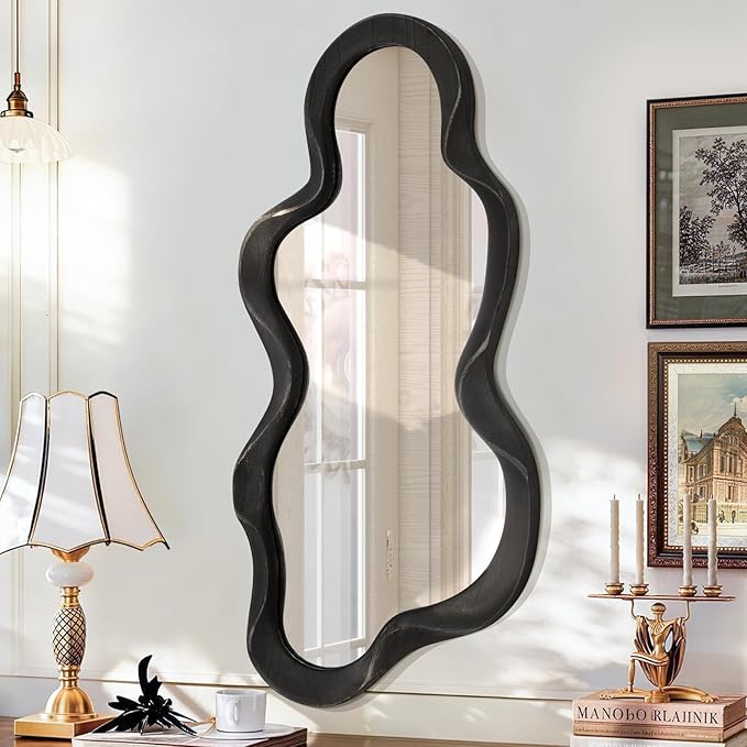 Asymmetrical Irregular Wall Mirror Modern Wooden Frame Mirrors Modern and Stylish Cloud Wavy Mirrors Decorative for Cloakroom Bedroom Living Room Bathroom Entryway 47" x 22"