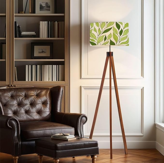 Wood Tripod Floor Lamp Green leaves seamless pattern Watercolor tea leaf textured jungle Mid Century Standing Lamp Linen Shade Dimmable Modern Tall lamp Home Decor for Living Room Bedroom Office