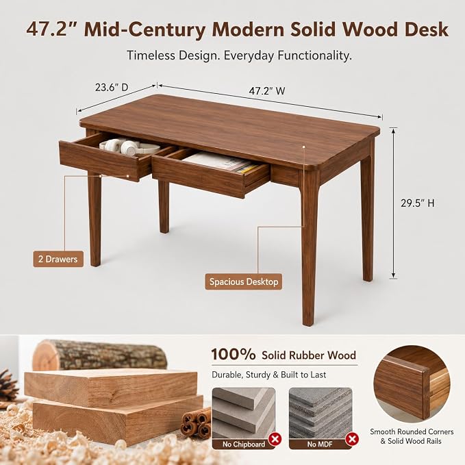 Mid Century Modern Desk with Drawers,47.2 inch Solid Wood Writing Desk for Home Office Bedroom,Small Computer Desk for Spaces Easy Assembly Walnut