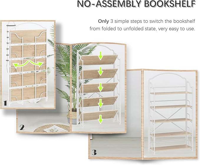 4NM No Assembly Extra Wide Folding Bookshelf for Living Room, 5 Tiers Collapsible Book Shelves Open Industrial Foldable Bookcase Storage Shelf for Home Office - Cloud Oak
