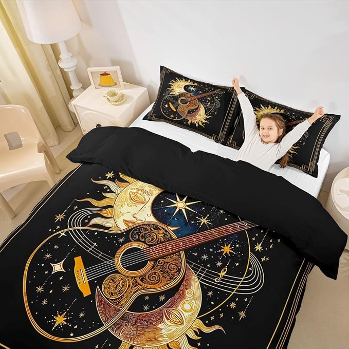 Erosebridal Boho Guitar Bedding Set Full for Adults - Luxury Bohemia Sun Moon Duvet Cover Mystical Celestial Star Sky Comforter Cover,Romantic Music Guitar Bed Set