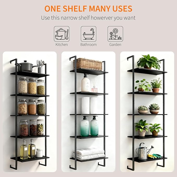5 Tier Industrial Ladder Bookshelf 15.74" Dx9.44 Wx62.99 H, Wall Mounted Bookcase with Metal Frame for Home Office, Living Room, Study，Black