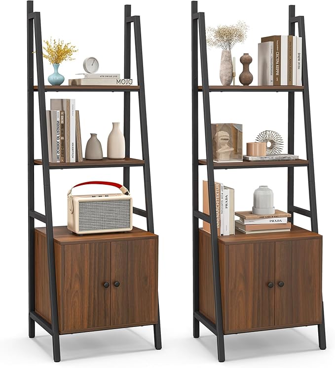 Tangkula 4-Tier Ladder Shelf with Cabinet, 63” Tall Bookshelf, Industrial Bookcase with Metal Frame, Floor Display Shelf Storage Rack for Living Room Study Home Office (2, Rustic Brown)