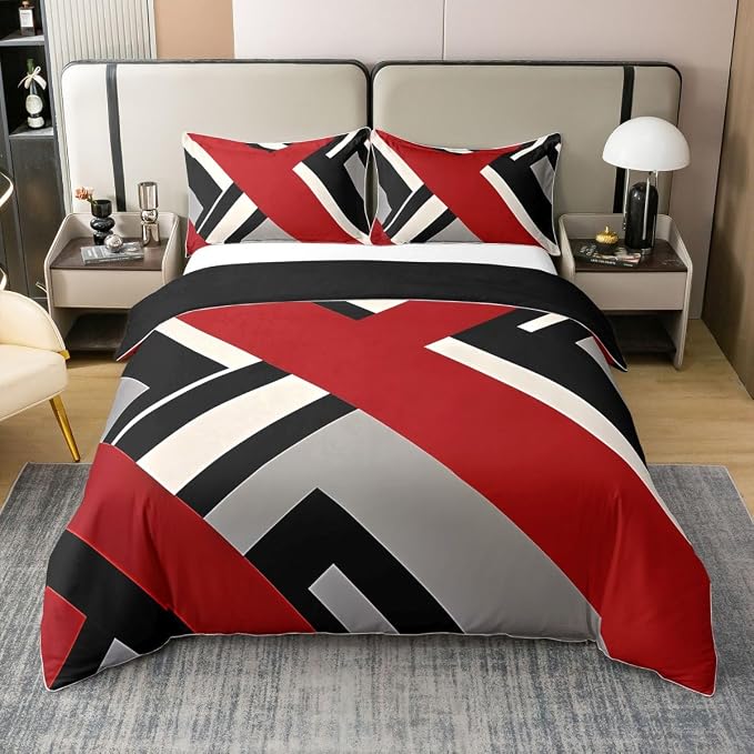 Erosebridal Red Black Grey Bedding Set Twin Geometric Triangle Stripe 100% Cotton Duvet Cover Simple Lines Comforter Cover for Kids Teens Adults Nordic Style Bed Set 2 Pcs