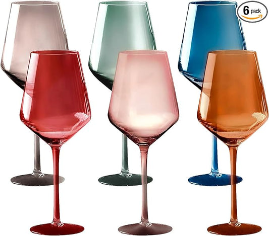 Colored Cordial Glasses Set of 6, 18oz Crystal Unique Fall Drinking Wine Glass Cups with Stem - Luxury Multi Color Glassware Gift Set for Wife & Mom - Colorful Hand Blown Drinkware for Red White Wine.