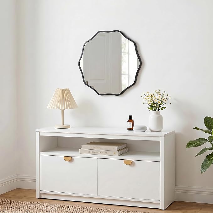 PERFNIQUE Black Scalloped Mirror, 20'' Round Wall Mirrors Wavy Wood Framed for Bathroom Nursery Bedroom Living Room Entryway, Decorative Modern Wall Decor