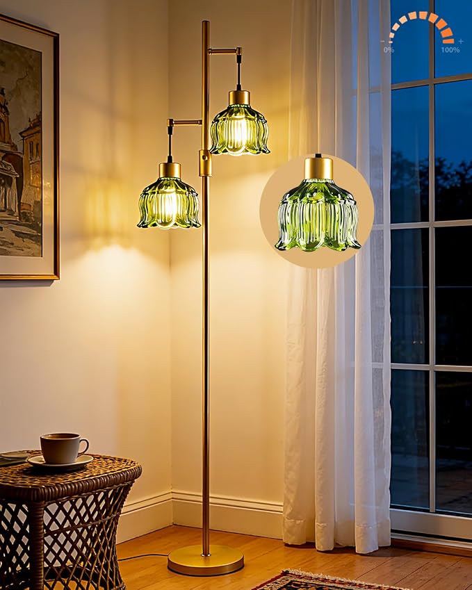 2-Light Modern Glass Floor Lamp, Gold Tall Standing Lamp with Green Flower Glass Shade for Reading, Dimmable LED Floor Lamp with 5Lbs Heavy Base for Living Room Bedroom Home Decor, Bulb Included