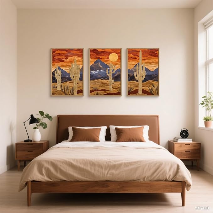 HPNIUB Mountains Desert Framed Canvas Wall Art Set, Abstract Sun Art Prints, Modern Cactus Paintings Artwork, Mid Century Southwestern Landscape Wall Decor for Living Room, Bedroom, Office-24 x36 x3