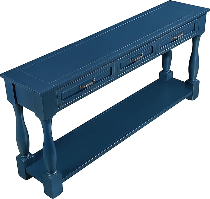 Merax Console Table with 4 Drawers, Retro Entryway Table with Open Storage Shelf for Entryway, Wood Side Table with Thick Legs for Living Room Bedroom, Navy Blue