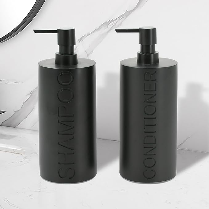 2-Pack Matte Black Resin Refillable Shampoo & Conditioner Bottles – Modern Bathroom Pump Dispenser Set, Durable Resin Shower Containers with Embossed Labels, Reusable Pump Bottle
