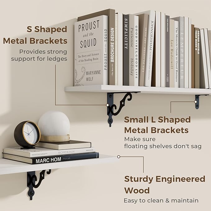 RICHFOCUS Floating Shelves for Wall Decor, 55.1W x 8D Shelves Set of 2, 8 Inch Deep Rustic Wood Shelves Wall Mounted with Brackets, Long Floating Shelves for Living Room Bedroom Kitchen, White