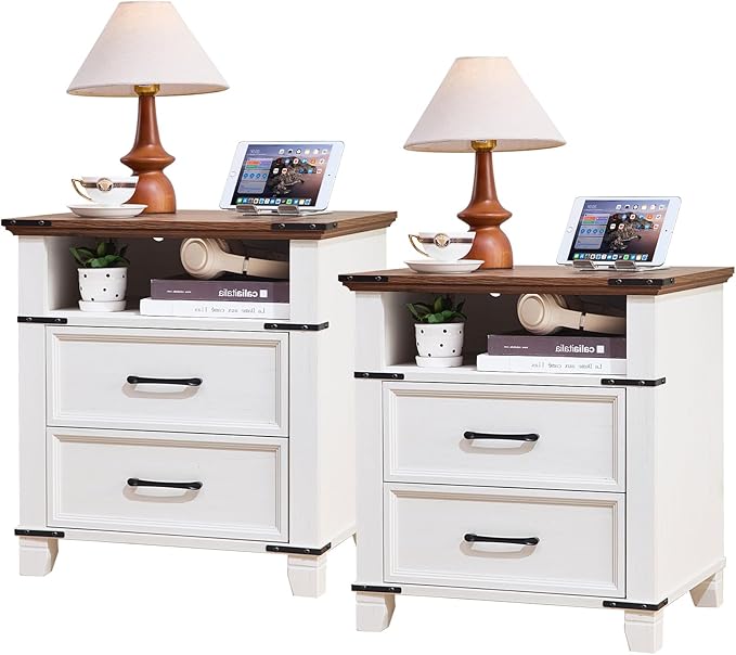 22" Nightstand, 2PCS Farmhouse Nightstand with 2 Drawers,Industrial Bedside Table with Open Shelf for Bedroom Living Room,Office Bed Side Tables Couch End Table,White