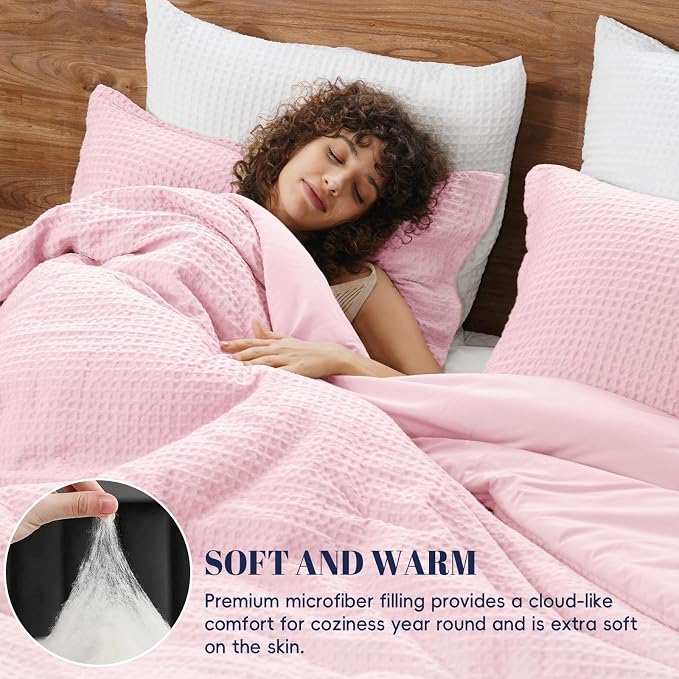 PHF Ultra Soft Waffle Weave Comforter Set Queen Size, 3 Pieces Lightweight Breathable Comfy Bedding Set, Comfy Textured 1 Comforter with 2 Pillow Shams, Pink