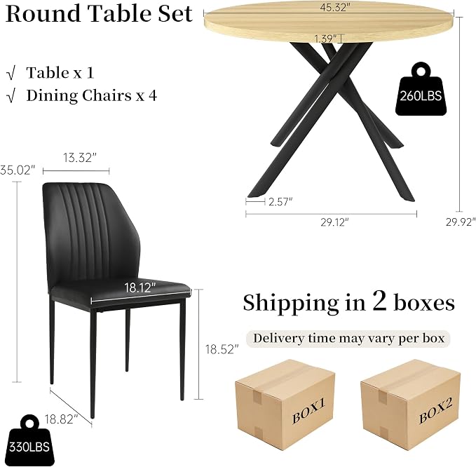 HIPIHOM 45.3 Inch Round Dining Table Set for 4, Mid Century Modern Coffee Set for Dining Room Kitchen Apartment (Cream Table + 4 Black Chairs)
