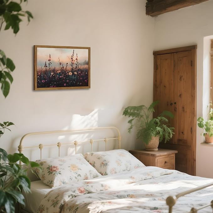 Vintage Flower Wall Art, Dark Floral Wall Decor Painting, Framed 3D Textured Hand Drawn Sandstone Farmhouse Landscape Pictures Artwork for Living Room Bedroom 12x16 inch Wood Frame