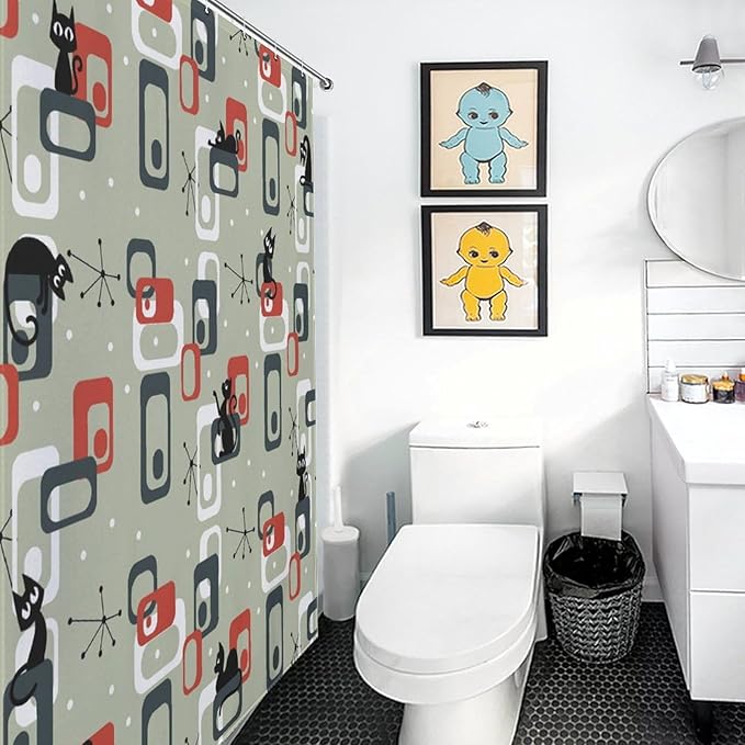 Mid Century Shower Curtain for Bathroom, Modern Cat Abstract Atomic Geometric Print Lovely Black Kittey Retro 1950s 1960s Black Waterproof Fabric Shower Curtain Set with Hooks, 72"x78" Inch