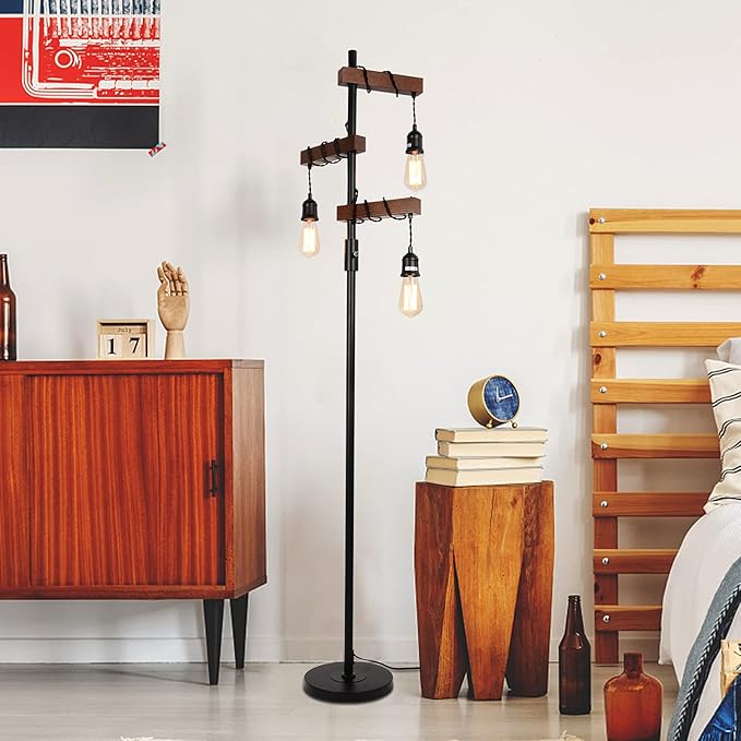 Industrial Floor Lamp, Farmhouse Tree 68 Inch 3 Lights Wood Standing Lamp, Sturdy Base Tall Vintage Metal Black Pole Light for Living Room Bedroom Office Rustic Home