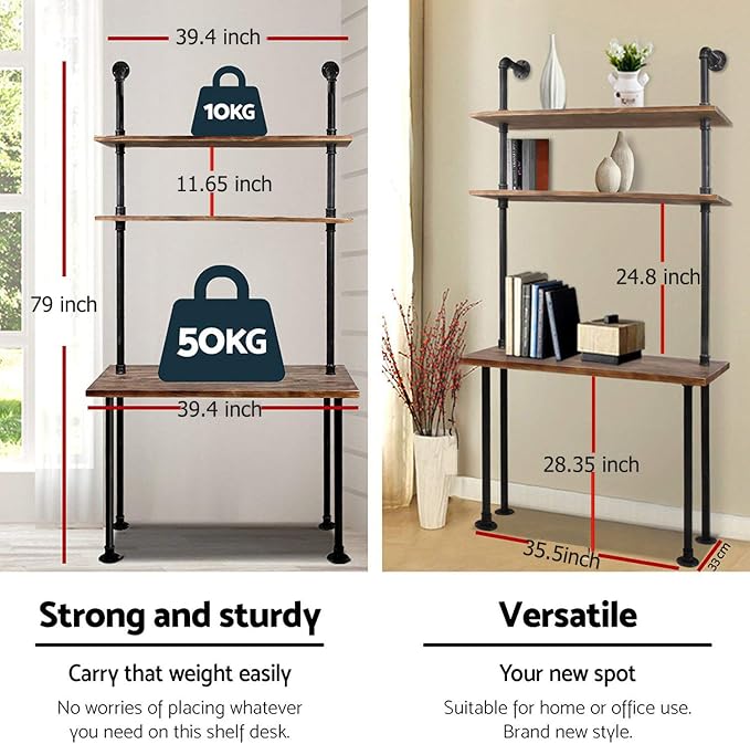 LOKKHAN 79-inch Industrial Laptop Desk Solid Wood Computer Desk Wall Pipe Desk with Shelves Computer Table for Home Office (L:40 inch)