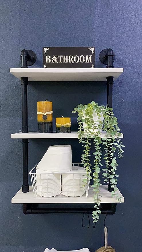 ROGMARS Industrial Pipe Shelving Bathroom Shelves with Towel Bar,3 Tier 24 inch Retro White Rustic Farmhouse Industrial Wall Shelf Bathroom Shelves Over Toilet for Storage