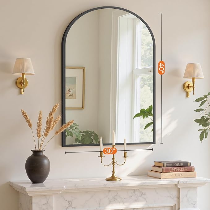 NEWBULIG 40X30 Inch Arched Bathroom Mirror for Wall, Vanity Bathroom Mirrors for Over Sink Tempered Glass, Anti-Rust Arched Metal Framed, Hangs Horizontally or Vertically, Farmhouse Home Decor, Black