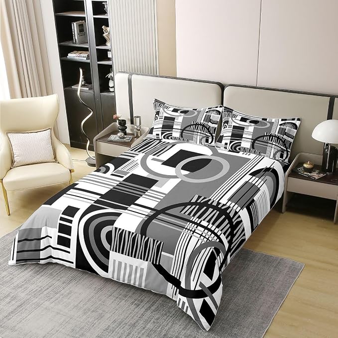 Erosebridal Art Deco Mid Century Duvet Cover Set Retro Modern Abstract Geometric 100% Cotton Comforter Cover Black and White Grey Circles Stripes King Bedding Set, Contemporary Bed Sets