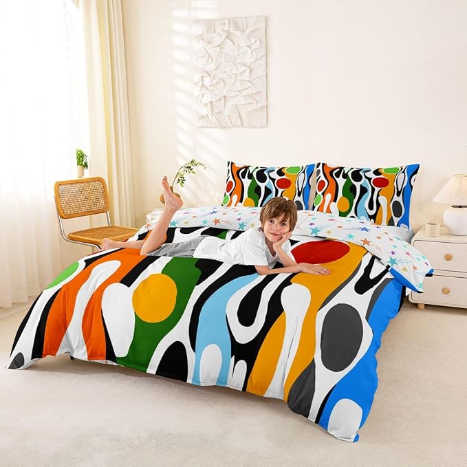 Erosebridal Organic Geometric Duvet Cover Set Modern Abstract Queen Bedding Set for Young Boys Retro Mid Century Comforter Cover Modern Fluid Art Irregular Circles Bed Sets,Multicolor Rainbow