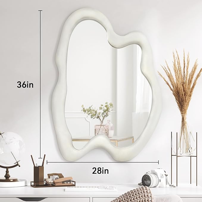 Irregular Wall Mirror Asymmetrical Mirror, White Wavy Mirror with Flannel Frame, Decorative Wall Mirror for Bedroom, Livingroom, Entryway, 28"x 36"