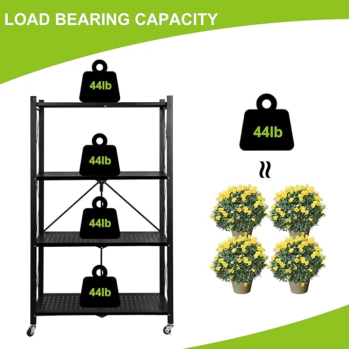 Metal Plant Stand Plant Shelf Folding Plant Stand No Assembly Required Easy to Move 4 Tiers Flower Stand with wheels for Living Room Bedroom Flower Room Indoor outdoor Black