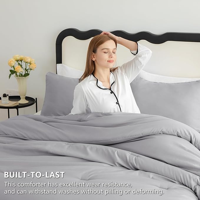 CozyLux Full Size Comforter Set Grey, 3 Pieces Lightweight Down Alternative Quilted Bedding Sets, Gray All Season Soft Breathable Solid Comforter with 2 Pillowcases, Luxury Bed Set Gift for Home