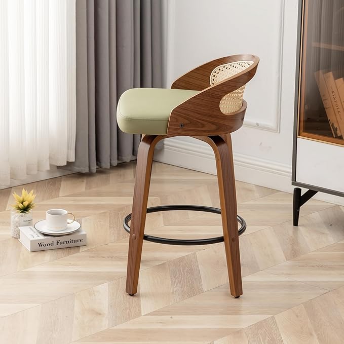 30" Swivel Rattan Bar Stools Set of 3 Mid-Century Modern Faux Leather Upholstered Bar Height Stools Kitchen Island Barstool with Rattan Low Backrest,Walnut Wood Finish Bar Chairs,Green PU