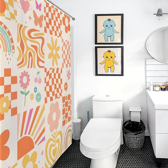 70s Shower Curtain, Vintage Retro Orange Daisy Floral Hippie Groovy Cute Rainbow Swirl Checkered Aesthetic Boho Funky Trippy Waterproof Fabric Bath Shower Curtain Set with Hooks, 72"x78" Inch
