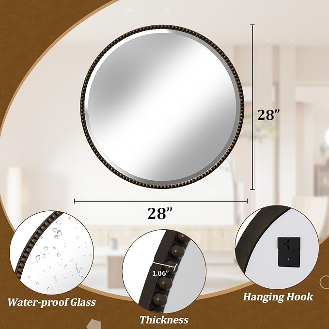 28 Inch Round Bathroom Mirror - Luxurious Retro Beaded Circle Decorative Wall Mirror with PU Frame Hanging Leaning as Art Decor for Entryway, Bedroom, Living Room, Hallway, Bronze