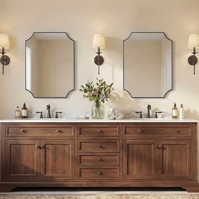 ANDY STAR Matte Black Bathroom Mirror, 22x30'' Scalloped Mirror for Bathroom, Unique Rectangle Bathroom Mirror in Premium Stainless Steel Frame, Deep 1", Ideal for Limited Space